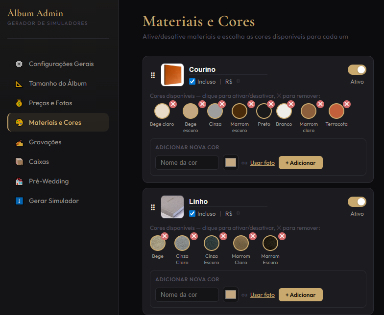 Cadastro de materiais e cores no painel do fotógrafo