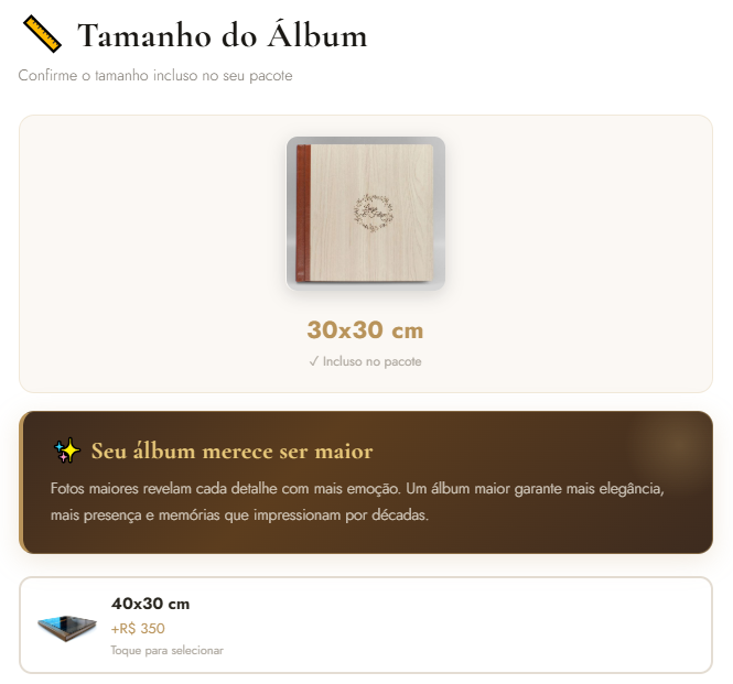 Tela de escolha do tamanho do álbum
